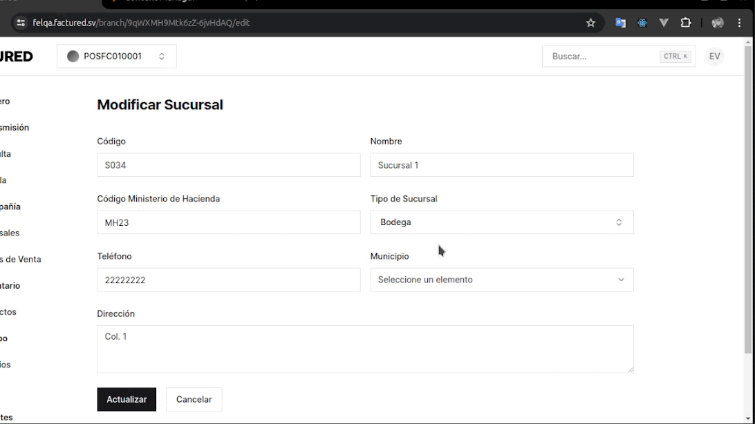 Editar datos de sucursal branch