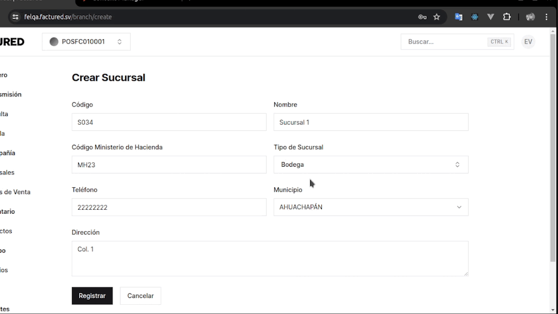 Registrar sucursal branch